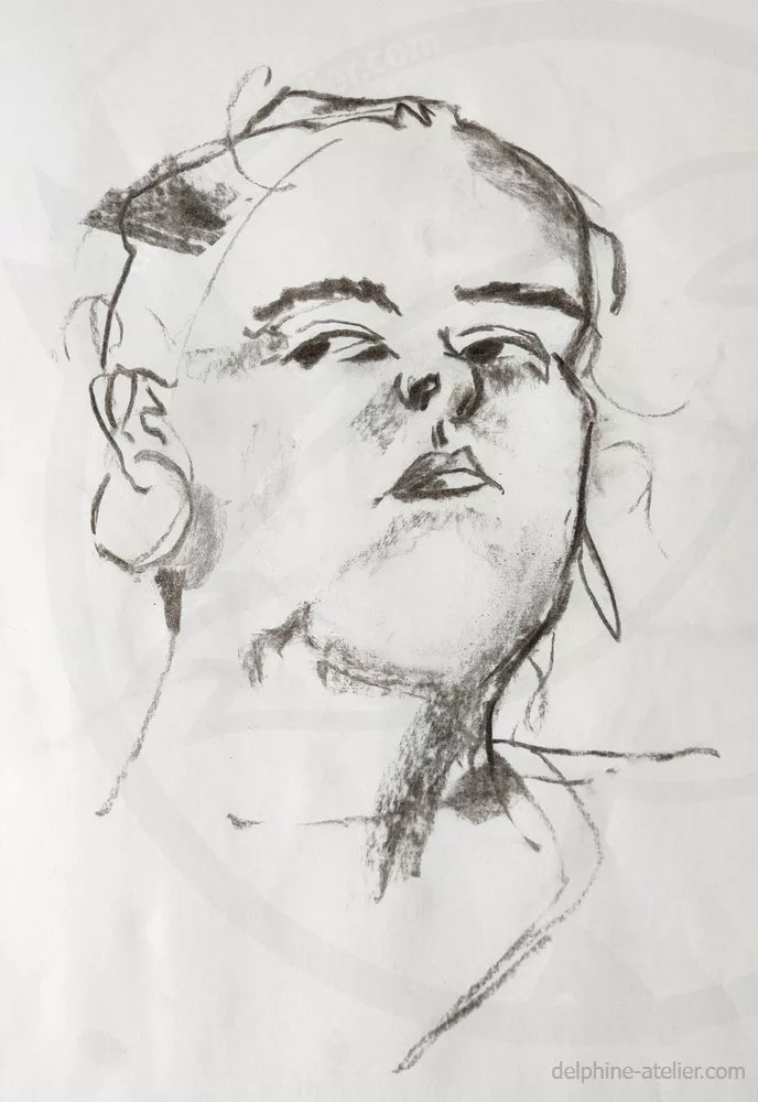 Croquis rigolo d'un visage levant le menton et les yeux regardant sur le côté