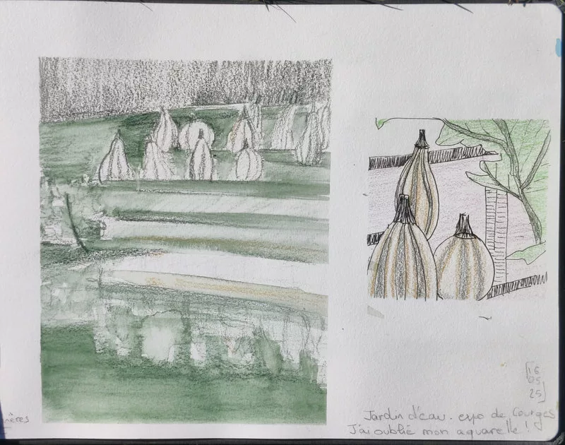 Une page avec deux croquis aux crayons représentant des cucurbitacée. Inscription : "16/05/25 - Jardin d'eau. expo de courges ! J'ai oublié mon aquarelle !"