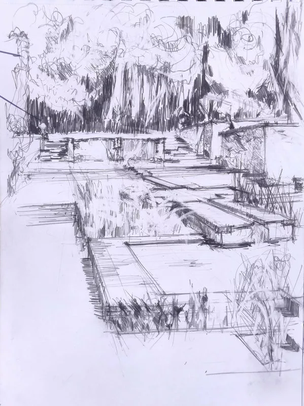 Dessin au crayon représentant une succession de bassins et de petits canaux les reliant et de la végétation