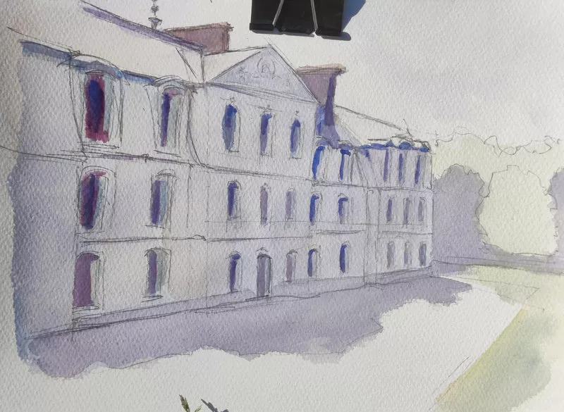 Aquarelle représentant une façade de château