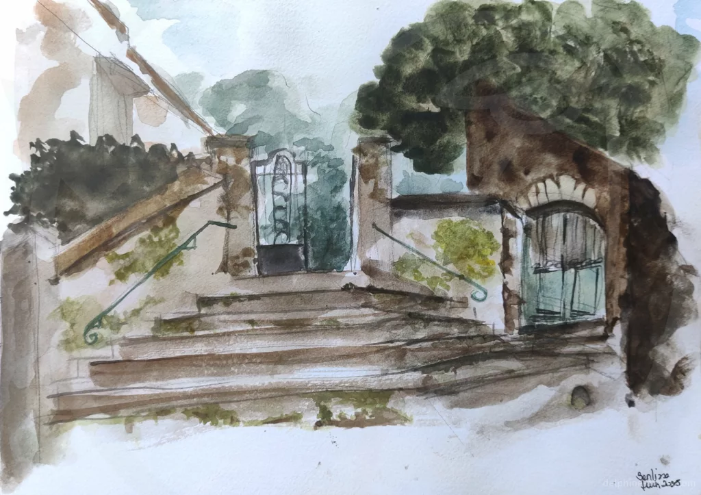Croquis à l'aquarelle d'un escalier à plusieurs pans