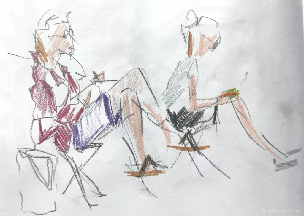 Croquis fait à coups de crayons de couleur vif de deux personnes en train de dessiner assises sur des petits tabourets pliants