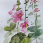 Roses trémières à l'aquarelle avec un rose très vif (détail)