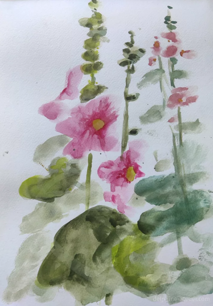 Roses trémières à l'aquarelle avec un rose très vif (détail)