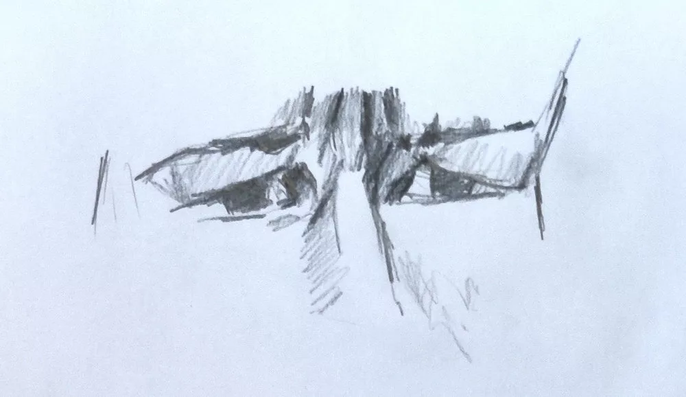 Croquis au crayon d'un gros plan sur des yeux, les sourcils froncés, la "ride du lion" marquée