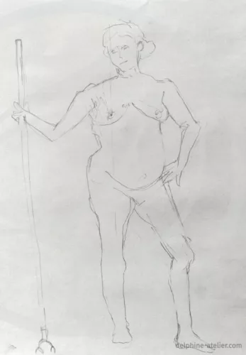 Croquis au crayon d'une femme nue debout, main sur la hanche et tenant un bâton