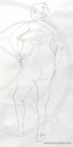 Croquis au crayon d'une femme nue debout, de dos, main sur la hanche