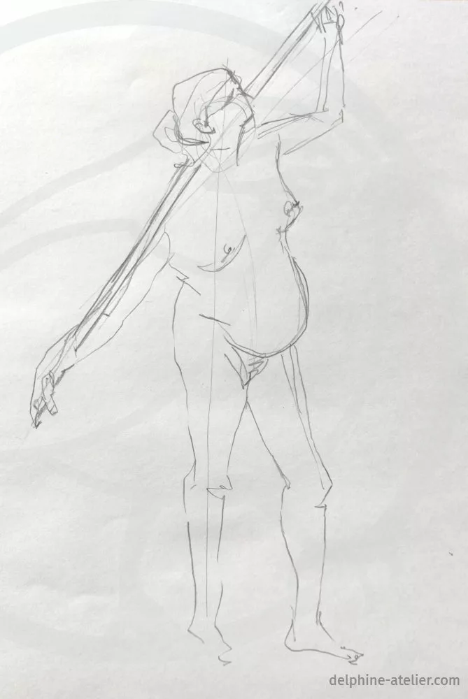 Croquis au crayon d'une femme nue debout, un bâton de part en part sur les épaules