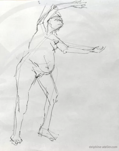 Croquis au feutre fin d'une femme nue debout les bras "en rond" sur le côté