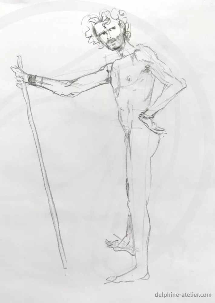 Croquis au crayon d'un homme debout, une main sur la hanche, l'autre tenant un bâton