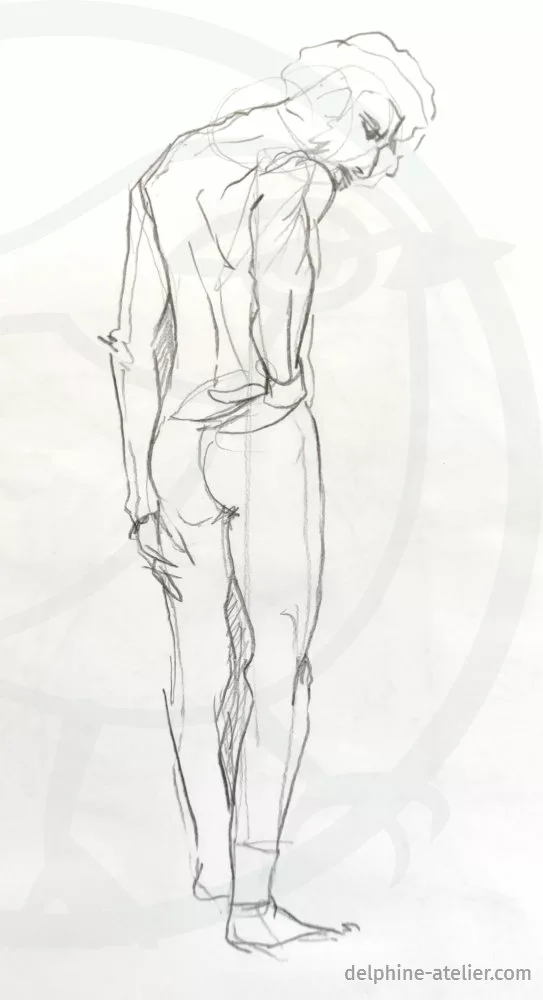 Croquis au crayon d'un homme debout, de dos, la tête penchée et légèrement sur le côté