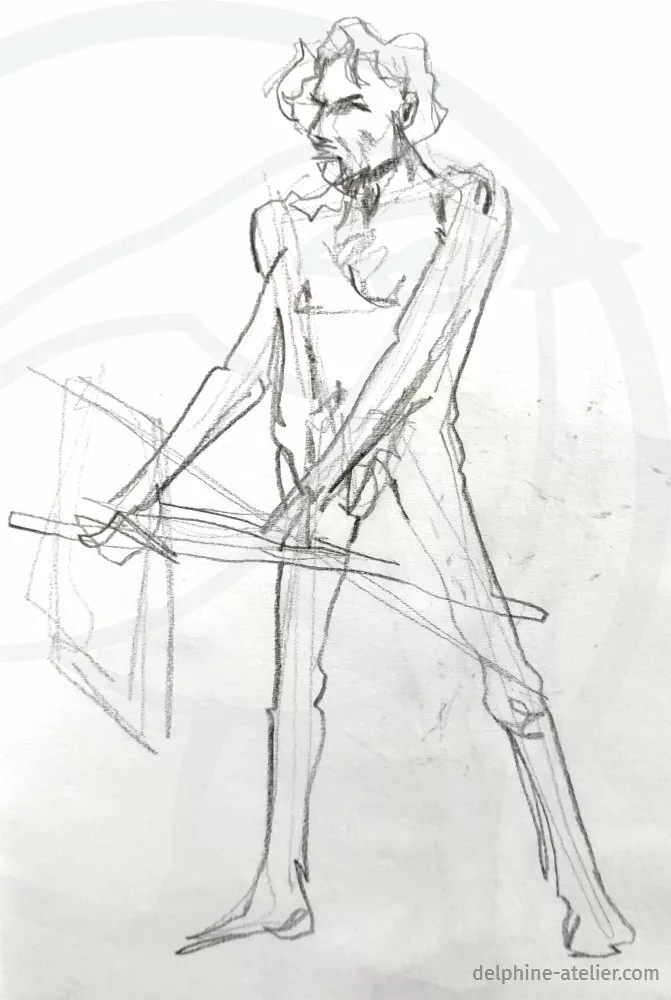 Croquis d'un homme debout, les deux bras tenant un bâton devant lui