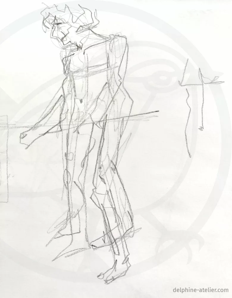 Croquis assez enchevêtré d'un homme debout