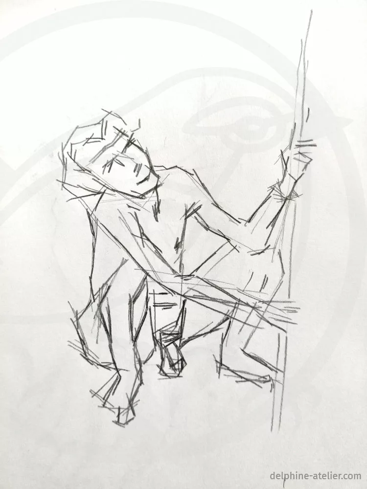 Croquis fait de plein de petits traits droits d'un homme nu accroupi tenant un bâton