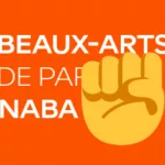 Un poing levé devant le texte "Beaux-Arts de Paris - NABA"