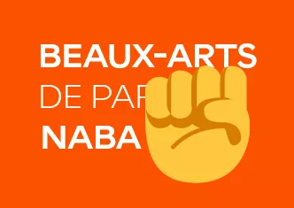 Un poing levé devant le texte "Beaux-Arts de Paris - NABA"