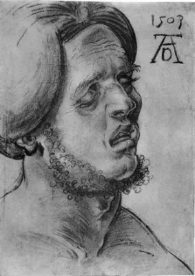 Portrait de trois quart d'un homme grimaçant. On voit la signature de Dürer ("AD") et "1503"