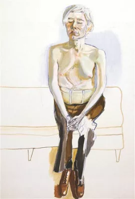 Portrait d'un homme torse nu portant un corset à la taille assis