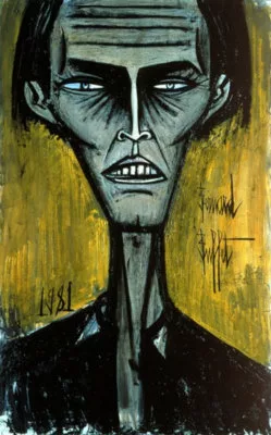 Portrait d'un homme en buste mais le front coupé. Les traits sont très noirs, très dessinés.