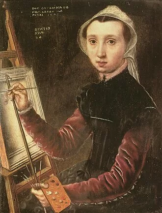 Peinture d'une femme peintre devant son chevalet avec ses outils