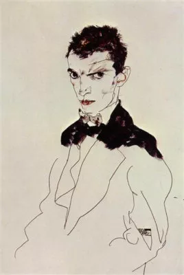 Portrait d'un jeune homme les sourcils légèrement froncés nous regardant. Il a un nœud papillon et un costume. Seuls ses cheveux, ses yeux, sa bouche et le haut de ses habits sont colorés, le reste est fait au trait