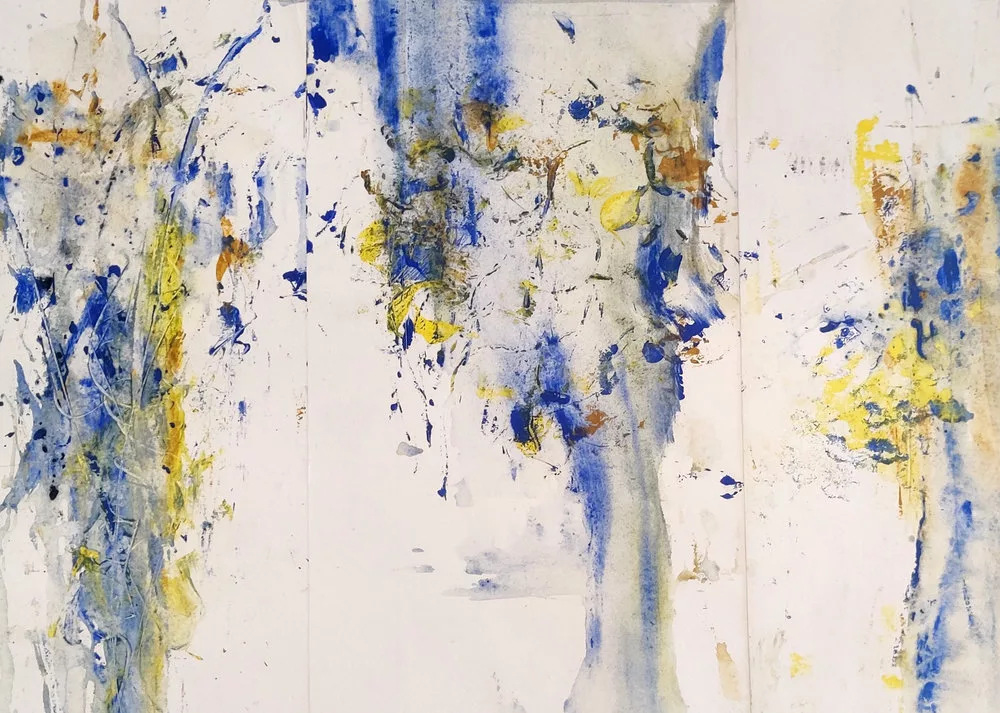 Peinture abstraite faite de taches et de traces avec beaucoup d'espaces blancs