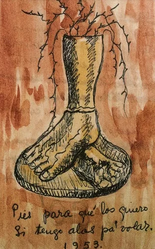 Dessin de deux pieds coupés au niveau du molet avec une inscription en espagnol et "1953"