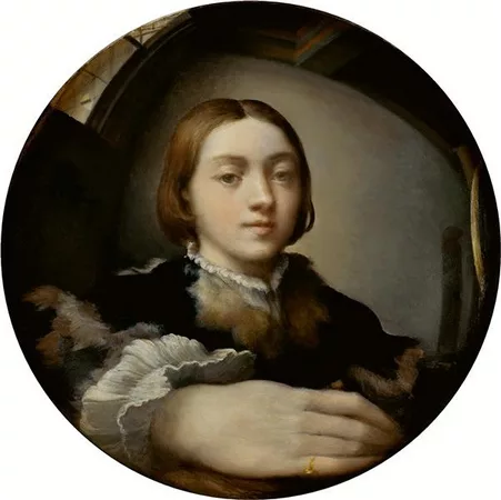 Portrait rond et convexe où la main, mise tout devant prend une importance disproportionnée