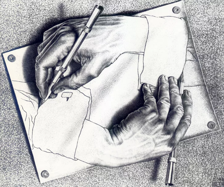 Dessin hyperréaliste d'une main dessinant une main dessinant la première main