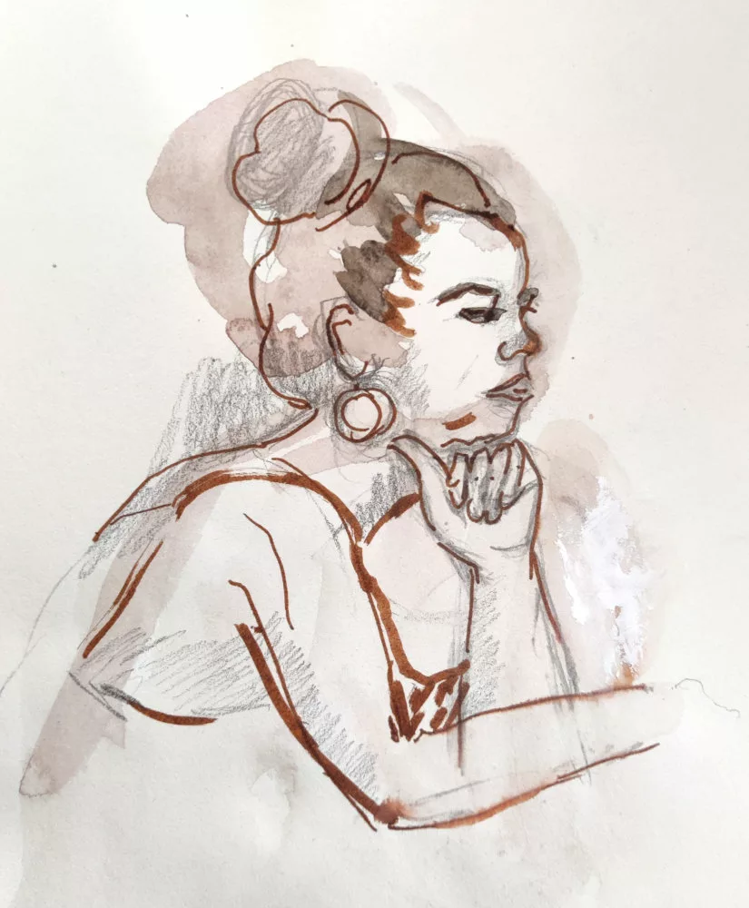 Portait au crayon et en nuances de brun d'une femme de profil appuyée sur le dos de sa main