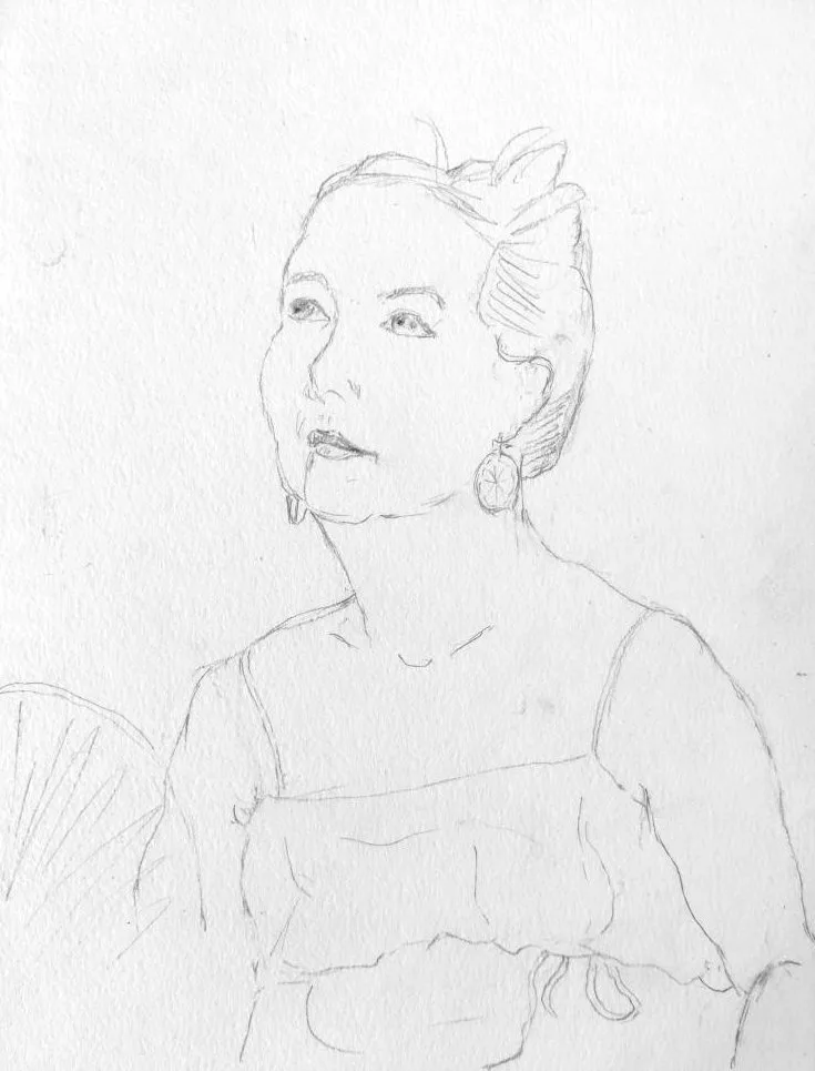 Portrait au crayon léger d'une femme levant les yeux vers le ciel avec une robe nouée sous la poitrine
