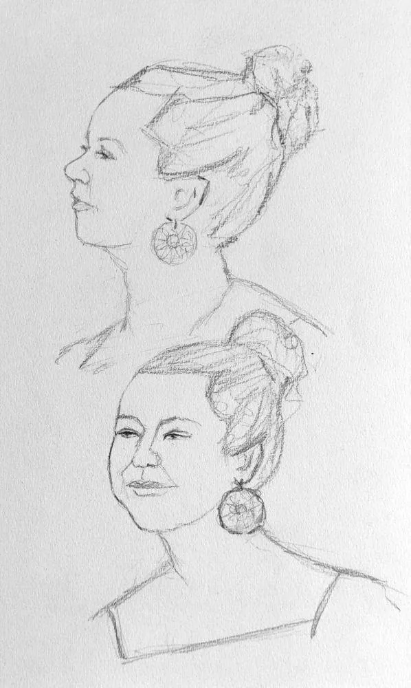 Un portrait de profil et un de trois quart de la même personne au crayon