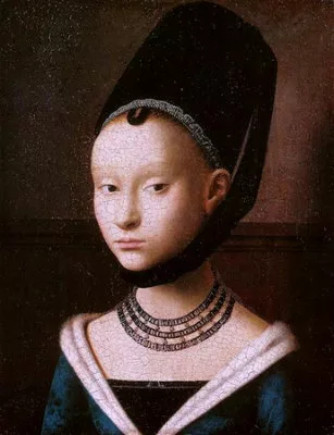 Portrait d'une jeune femme de trois-quart avec une coiffe haute noire attachée sous le cou