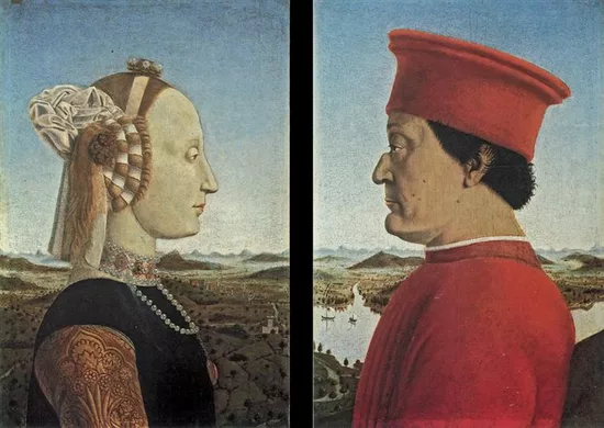 Deux portraits : une femme et un homme de profil se faisant façe