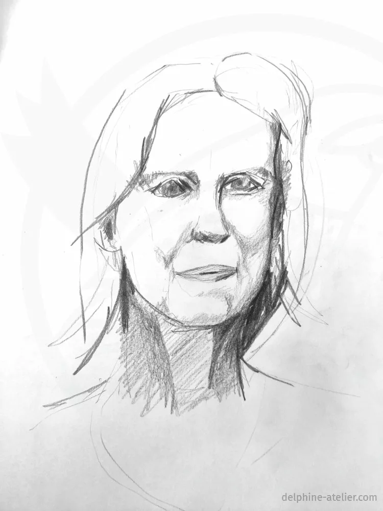 Portrait au crayon d'une femme. Le portrait est déséquilibré car il y a un traitement fort des ombres dans le cou, moins sur le visage et encore moins dans les cheveux