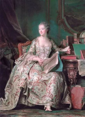 Portrait d'une femme richement vêtue assise à son bureau, des feuilles à la main, des livres en arrière-plan, un carton à dessins à ses pieds, un instrument de musique derrière elle, etc.