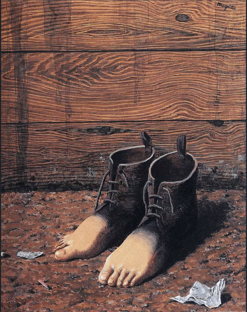 Peinture d'une paire de souliers qui se transforment en pieds à leur pointe