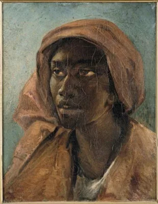 Portrait d'une femme de trois-quart un tissu tout autour de la tête