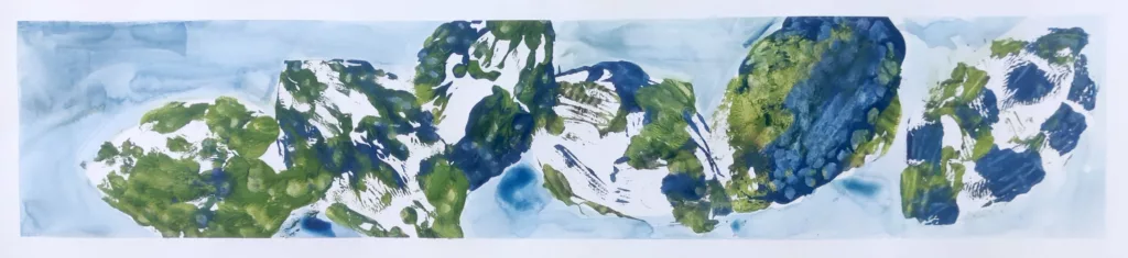 Composition abstraite en vert et bleu avec un fond bleu dilué