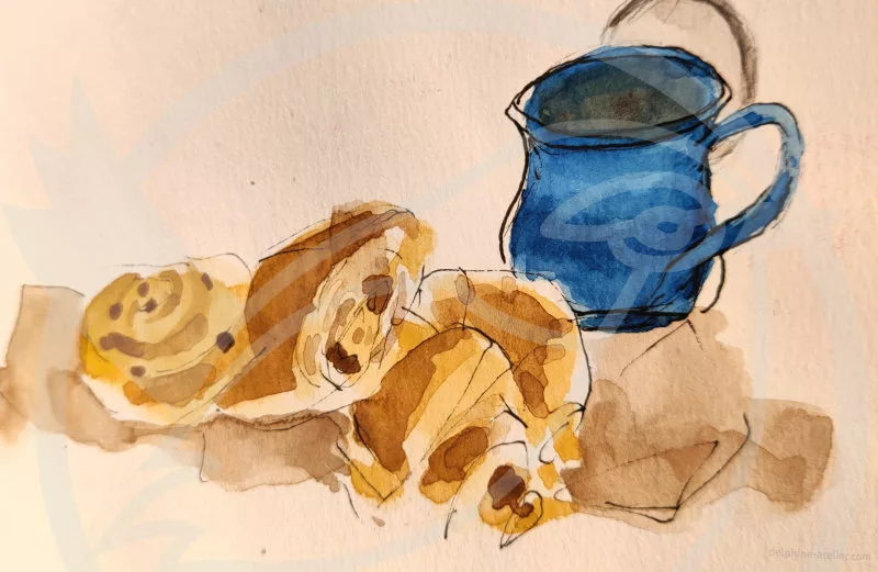 Dessin à l'aquarelle d'un pain aux raisins, un pain au chocolat, deux croissants et un petit pot bleu