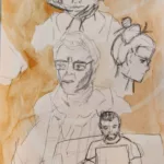 Dessins au crayon de quatre personnes et fond à l'aquarelle