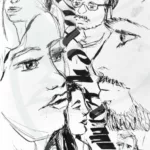 Des visages en vrac dessinés vite fait sur une page. Entre les visage, une inscription façon calligraphie "jeux en famille"