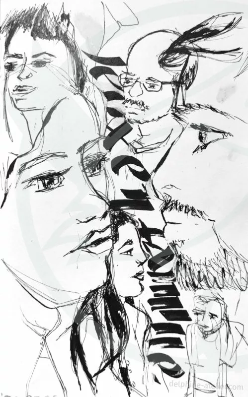 Des visages en vrac dessinés vite fait sur une page. Entre les visage, une inscription façon calligraphie "jeux en famille"