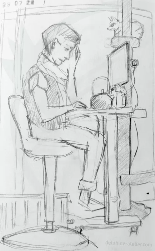 Croquis au crayon d'une personne assise à son bureau en train de travailler, un chat (en fait, une chatte) la regardant. Au tampon : "29 07 25"