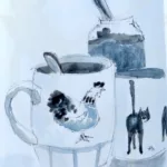Croquis à l'aquarelle d'un mug avec un coq, un mug avec un chat montrant ses fesses et d'un pot de confiture à l'arrière plan. Au tampon : "x1 07 25"