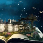 Image féérique du château de Chaumont avec des fleurs, des arbres, des papillons, le tout posé sur un livre ouvert