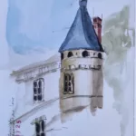 Croquis à l'aquarelle et au feutre fin d'une tour de château. "Château de Chaumont-sur-Loire - 15 07 25" plus un tampon