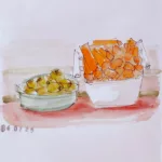 Croquis au feutre fin et à l'aquarelle représentant des olives dans un pot et des carottes coupées dans un autre pot. Un tampon indique "14 07 25"