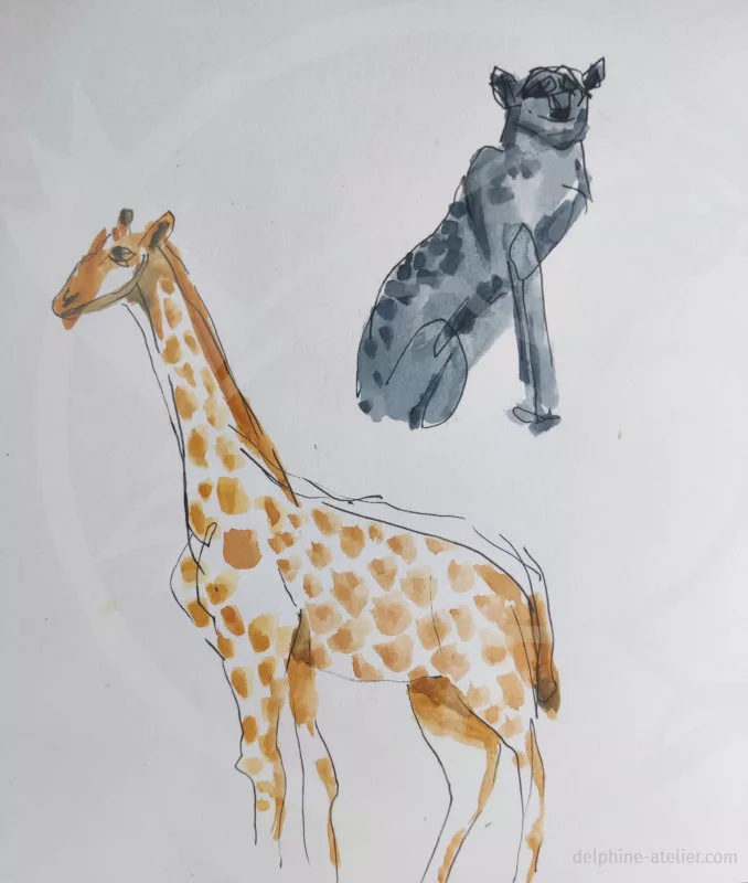 Croquis au feutre fin noir et à l'aquarelle d'une girafe et d'une panthère noire assise