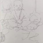 Dessin au feutre fin d'un moine méditant (en vrai, une sculpture dans des cailloux)